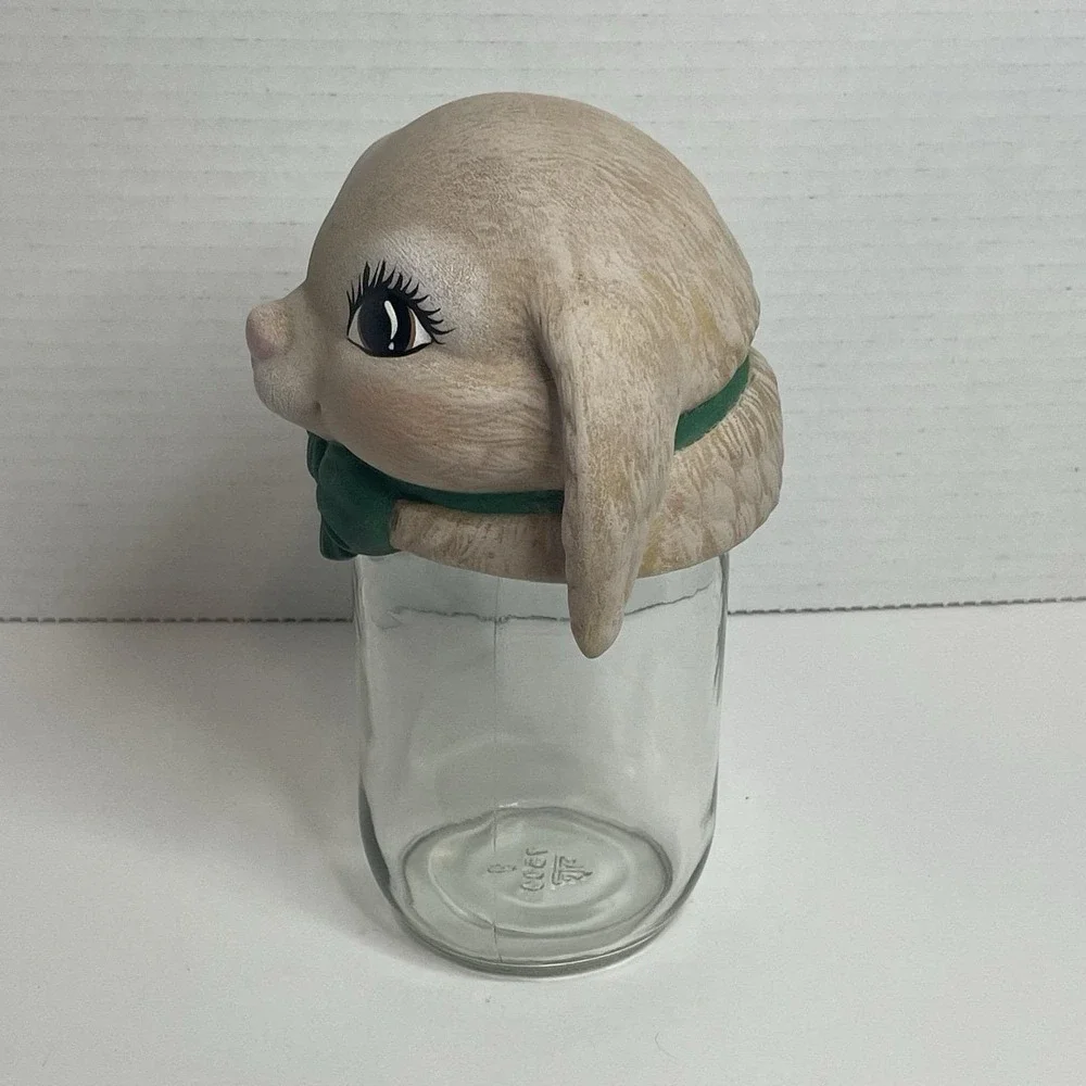 Easter Bunny Glass Jar Topper Tan Rabbit Head Lid Easter Candy Vintage Canning